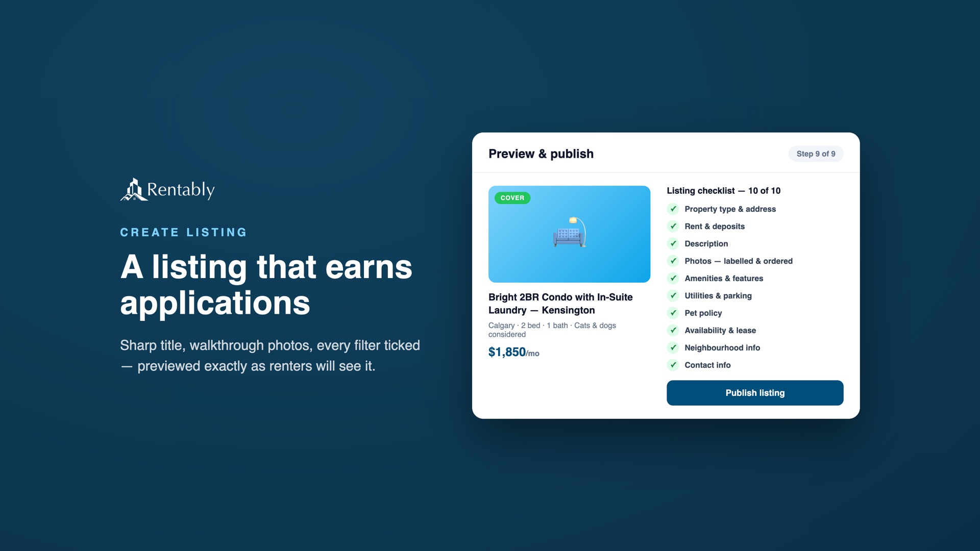 Rentably's create-listing wizard — the preview step showing a completed listing checklist