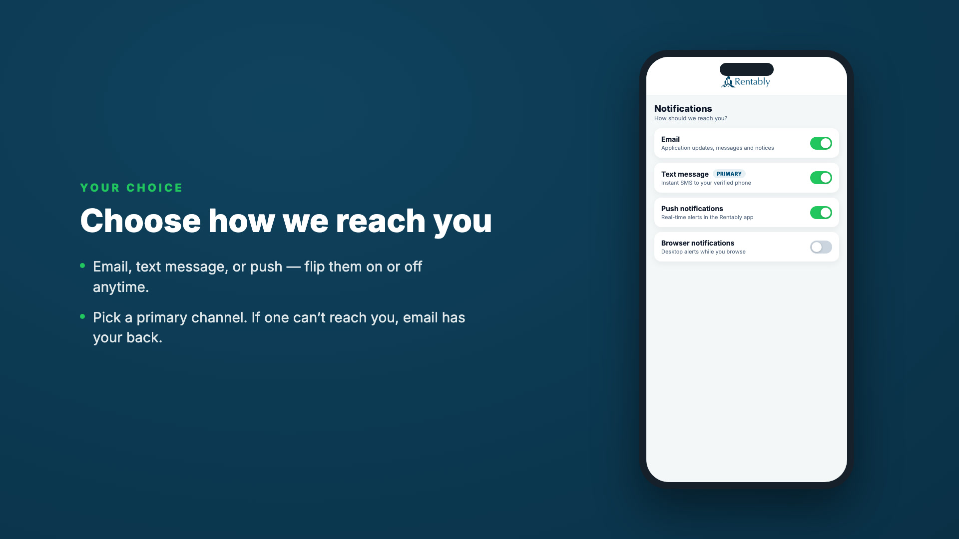 Rentably messaging — one conversation, delivered to the channel you choose