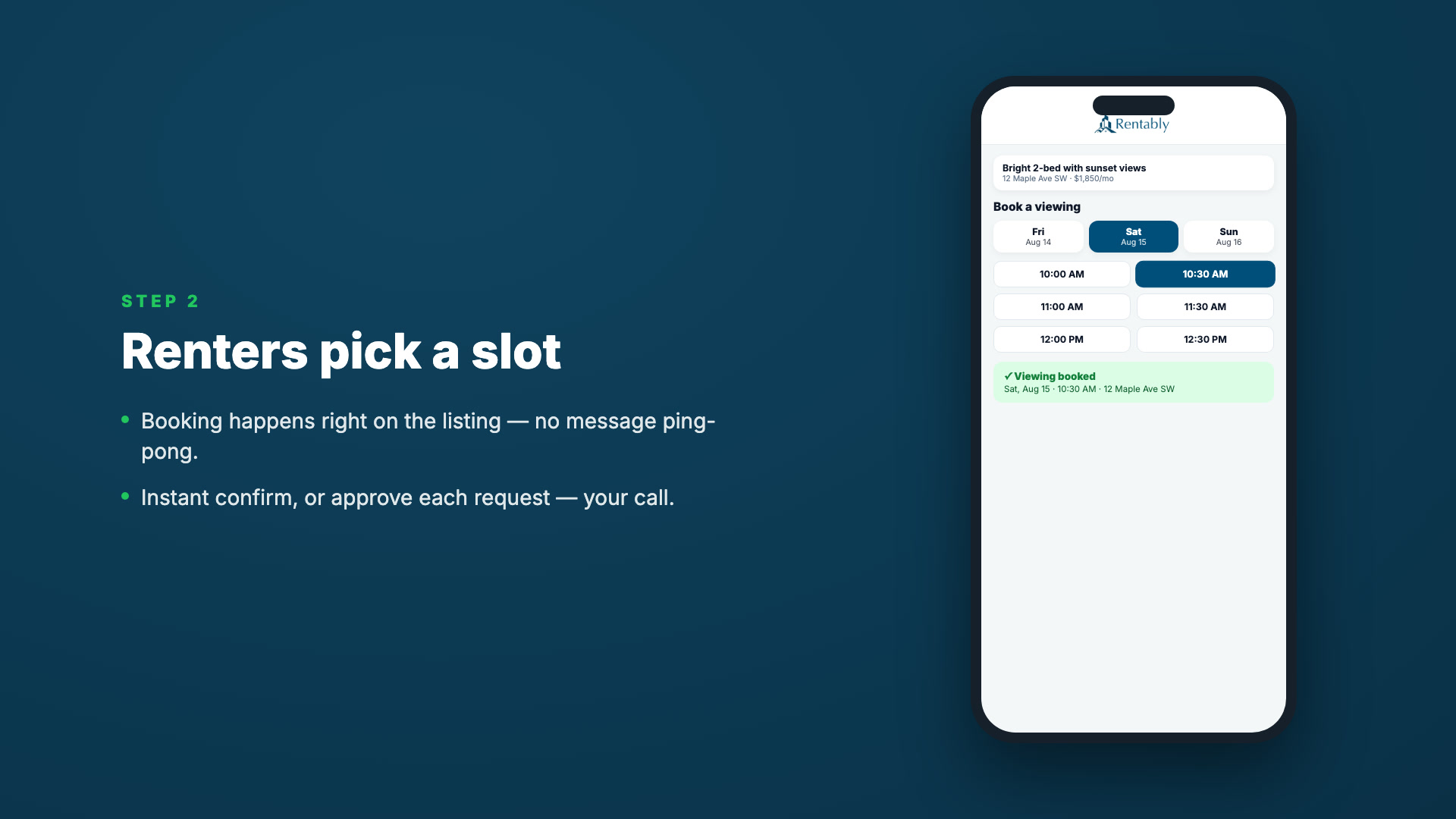 Rentably viewing scheduling — renters book a time slot themselves